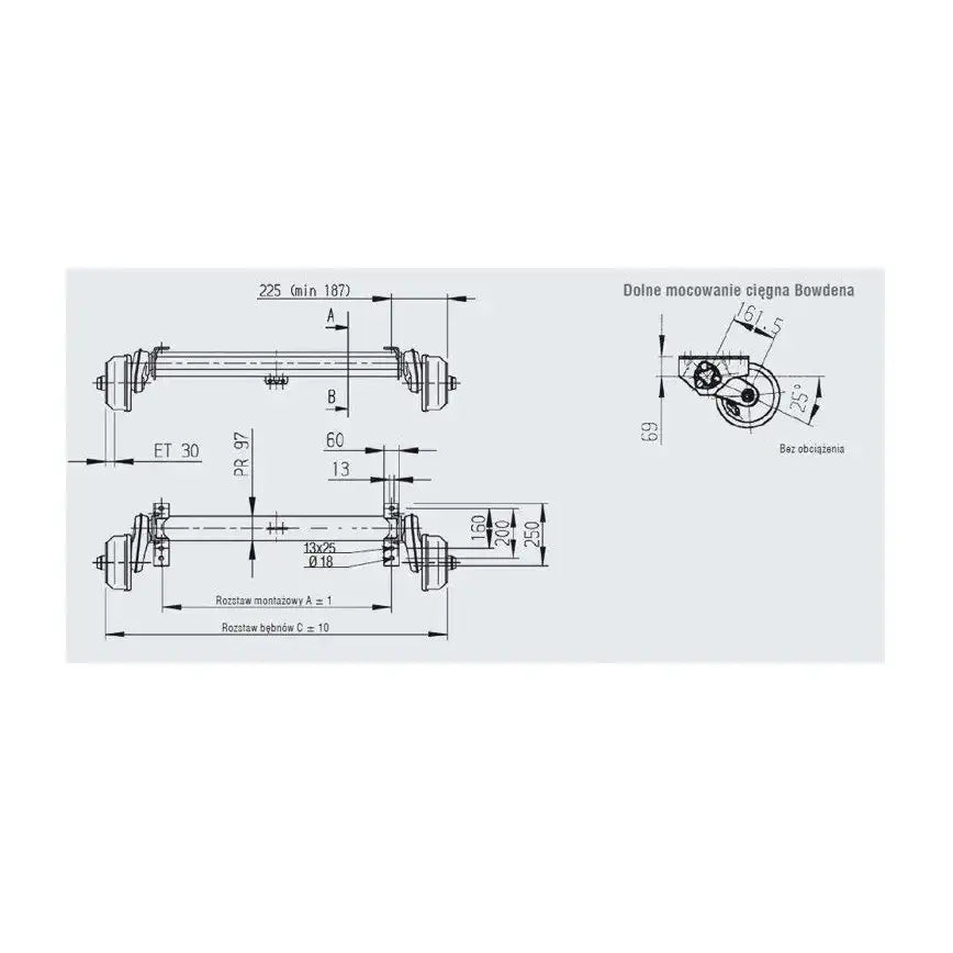 Aksling tilhenger AL-KO, teknisk tegning med mål og vinkler, side- og toppvisning av aksel og beslag.