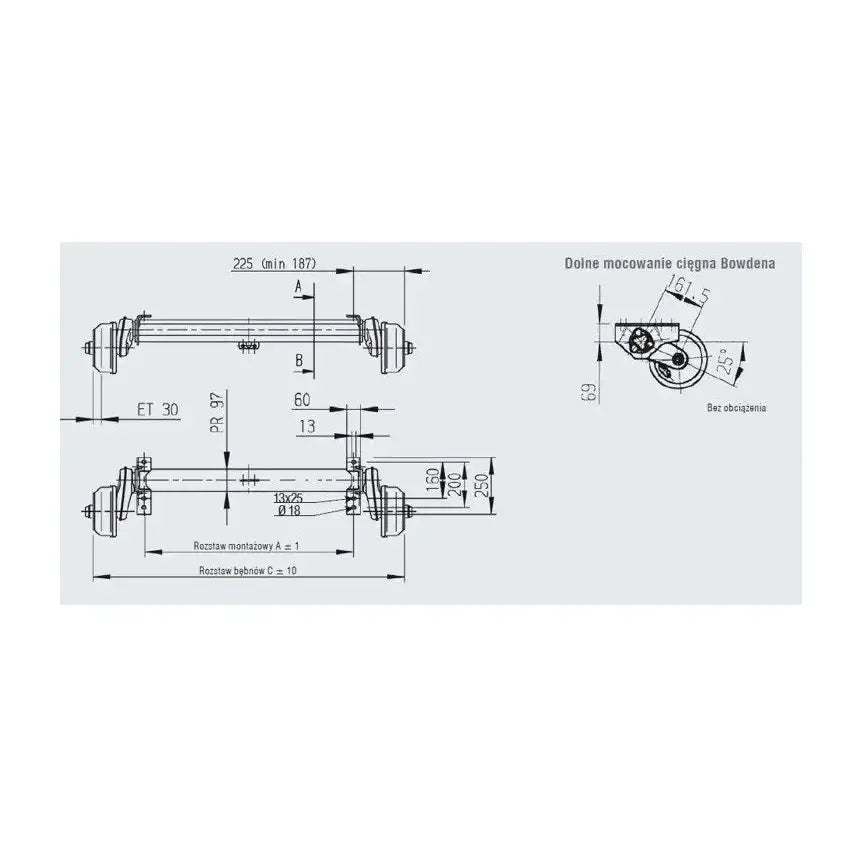 Aksling for tilhenger, teknisk tegning som viser mål, spesifikasjoner og detaljer fra flere vinkler.