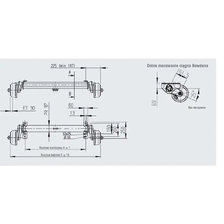 Aksling tilhenger AL-KO, teknisk tegning med mål, monteringsdetaljer og sideprofil på lys bakgrunn.