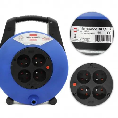 Brennenstuhl Vario Line kabeltrommel, nærbilde av fire svarte stikkontakter og tydelig etikett på blå plast.