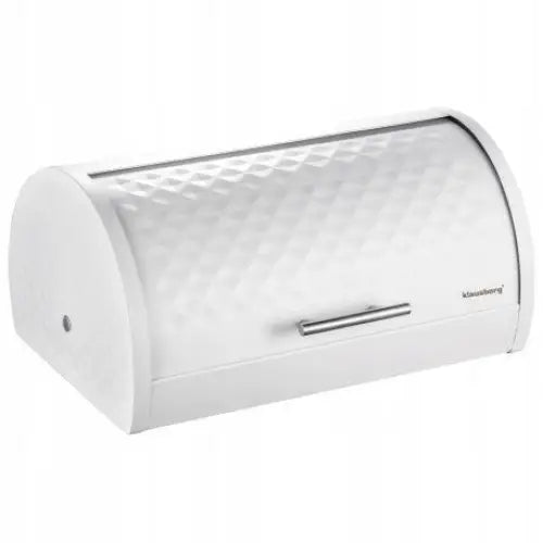 Brødboks i hvit metall med mønstret overflate, avrundede kanter og sølvfarget håndtak på lokket.