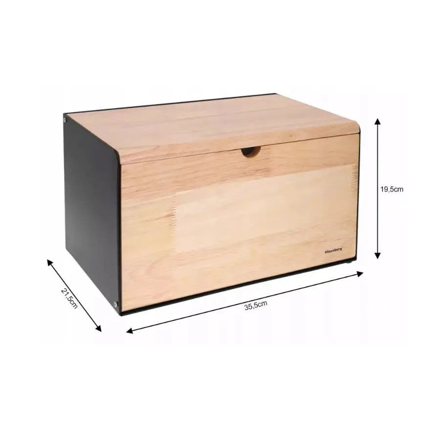 Brødboks i lyst tre med sorte sider, dobbel lokk, sett fra siden og forfra med oppgitte mål.