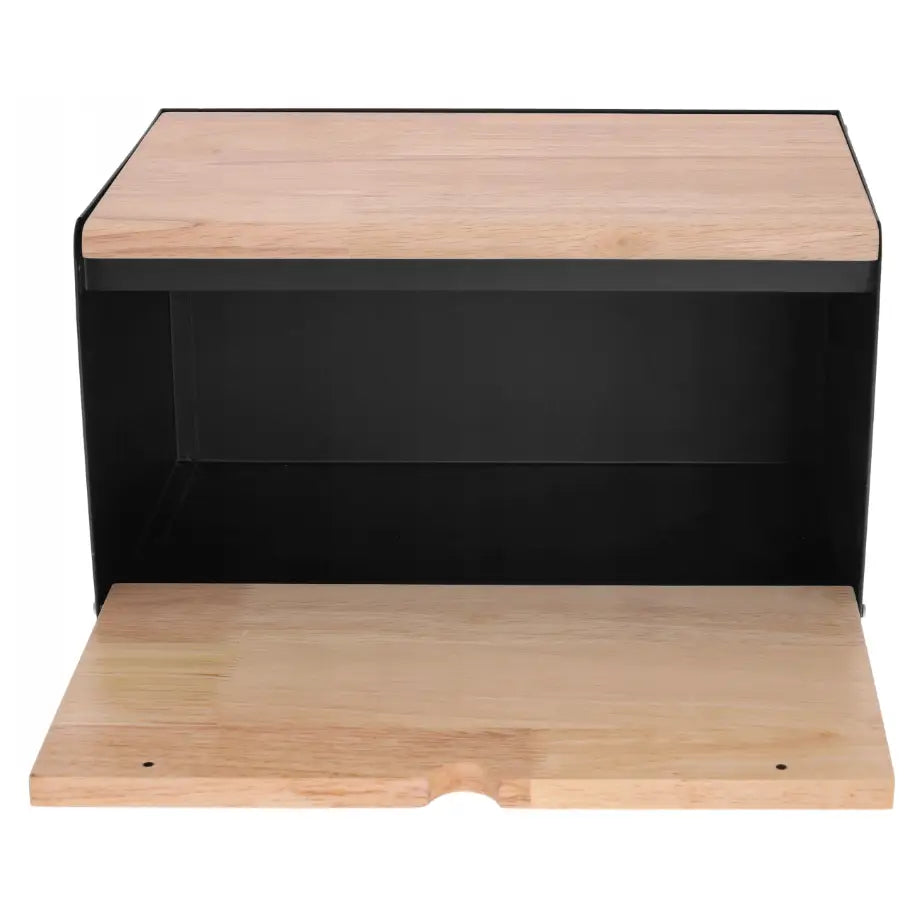 Brødboks i svart metall med lyst trelokk, frontluke åpen og innside synlig fra forfra.