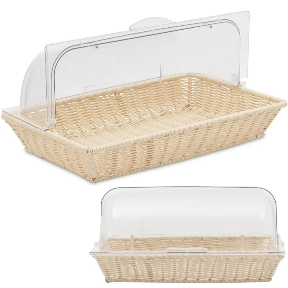 Brodboks med rulltopp lokk i lys flettet materiale, skrå forfra med buet, gjennomsiktig plastlokk.