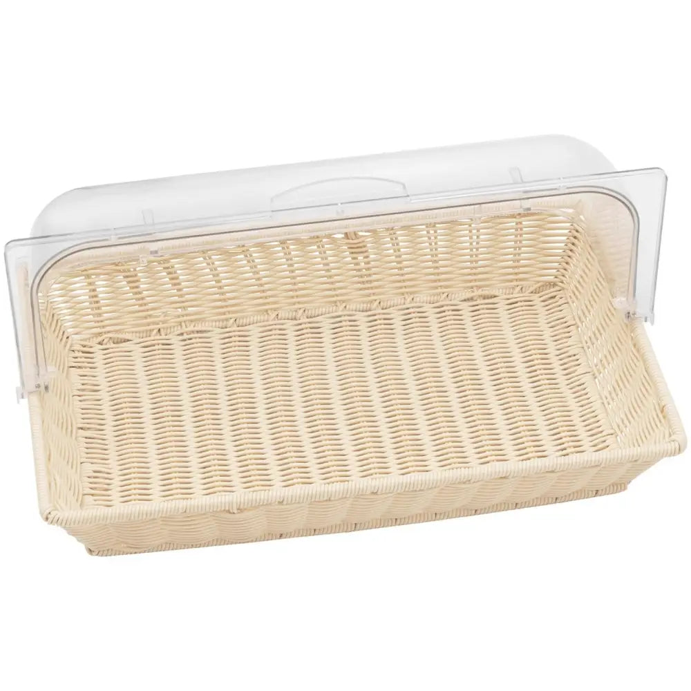 Brødboks med rulltopp, flettet kurvdesign med oppvippbart plastlokk sett skrått ovenfra.