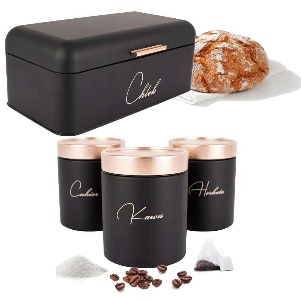 Brødboks sett i svart med matt finish, tre rosegull-lokkede beholdere for kaffe, sukker og te, dekorert forfra.