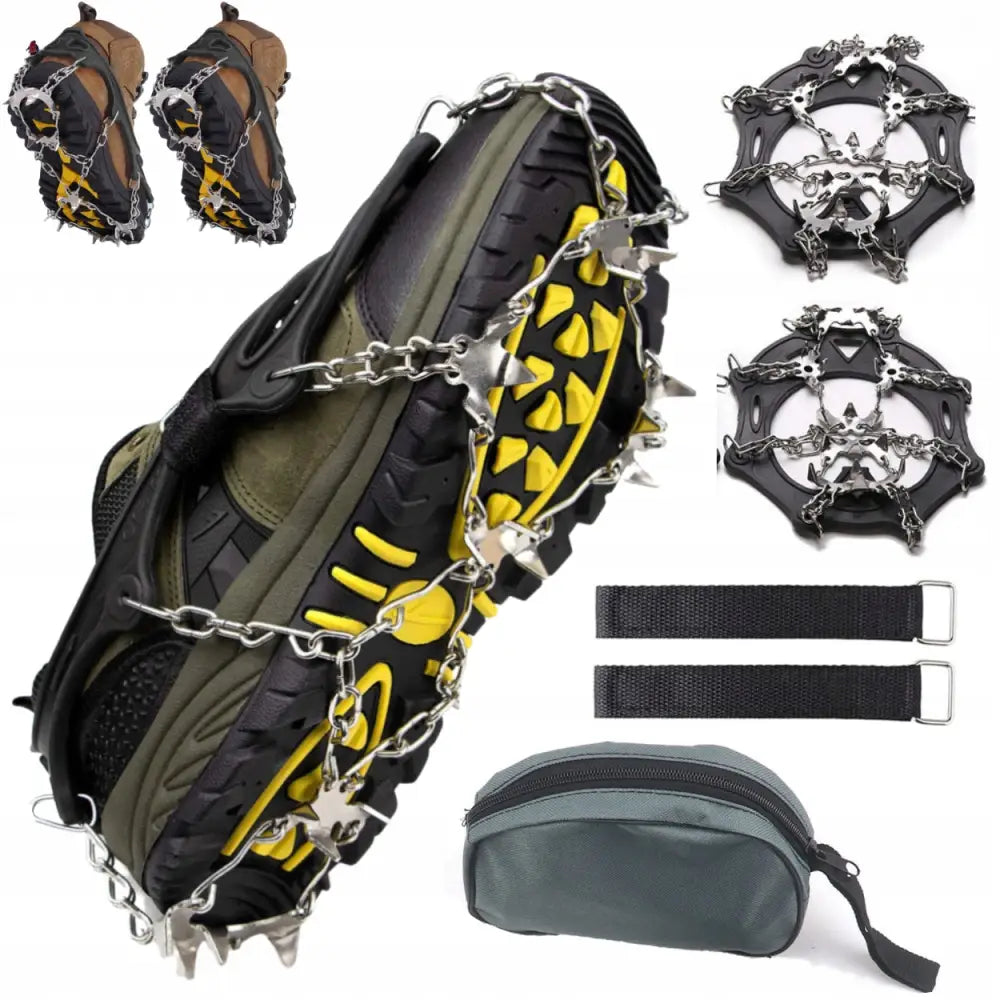 Brodder til sko med 19 metalltenner og kjetting, montert under tursko, stropper og oppbevaringspose vises.