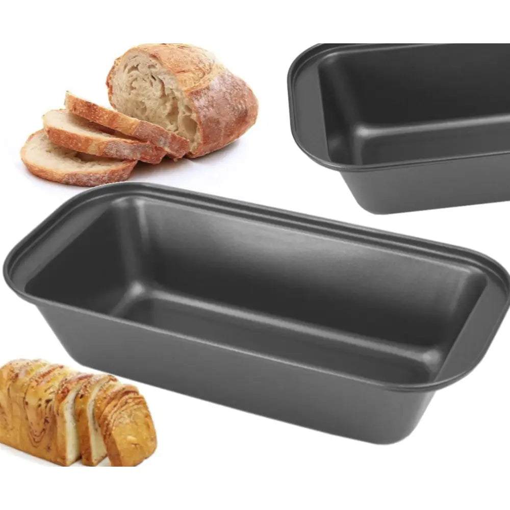 Brødform i sort metall med glatte kanter, vist med ferske brødskiver for å illustrere stekeresultat.