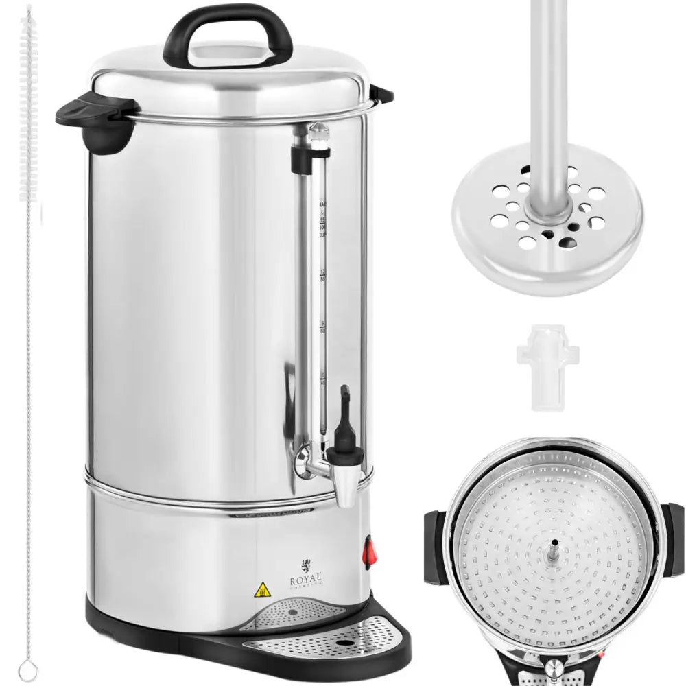 Bryggekoker for kaffe og te, rustfritt stål med svart lokk, tappesystem, måleindikator og tilbehør ved siden av.