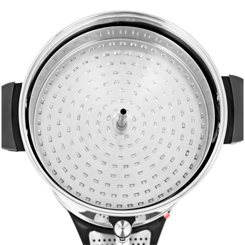 Bryggekoker for kaffe og te, toppvisning av rustfri beholder med perforert bunn og sentralt rør.