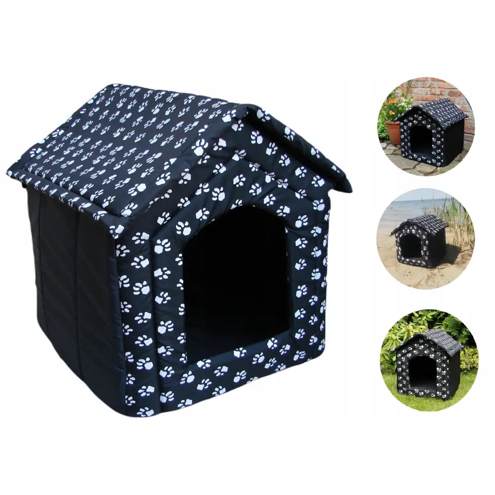 Buddha av Materiale Hund Kattehus Lekegrind XXL R4, svart stoffhus med hvite poteavtrykk sett skrått forfra, med utendørsbruk illustrert.