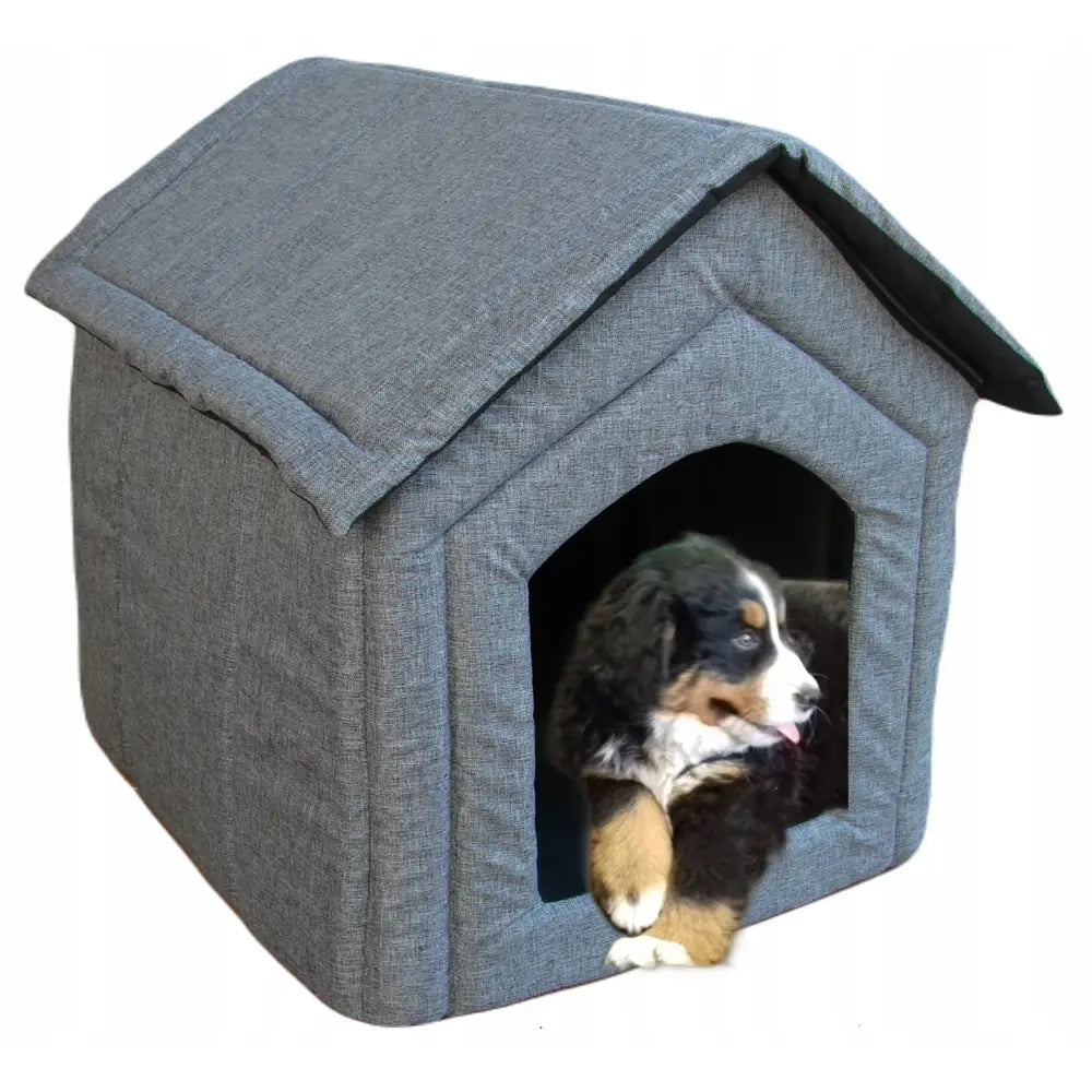 Buddha i stoff hundehus Len XXL R4 i grå tekstil, med valp som hviler i åpningen og polstrede vegger.