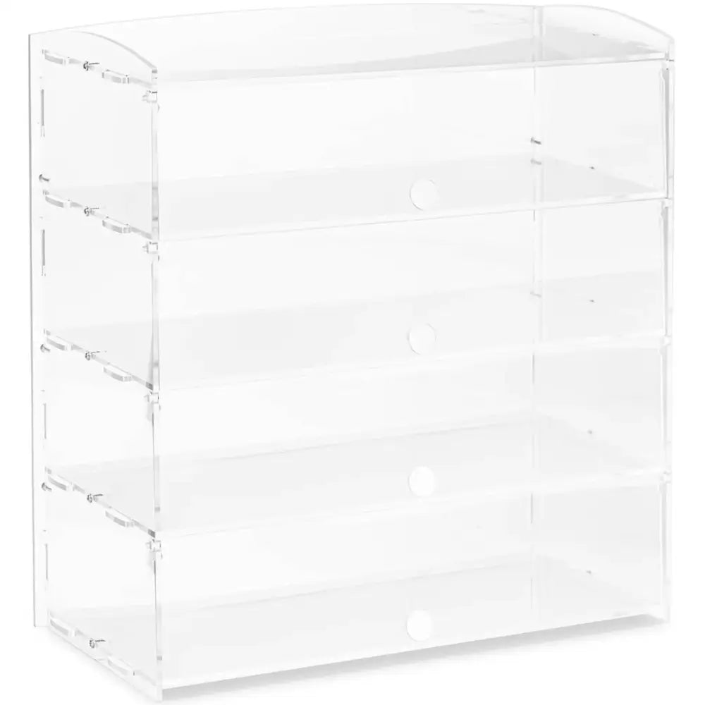 Buffet konditori display i akryl med fire skuffer, sett skrått forfra, runde håndtak og minimalistisk design.