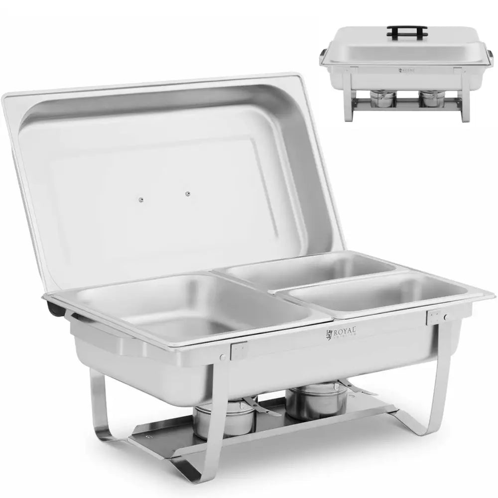 Buffetmatvarmer i rustfritt stål, tre beholdere og to varmekilder, lokk vises både åpent og lukket.
