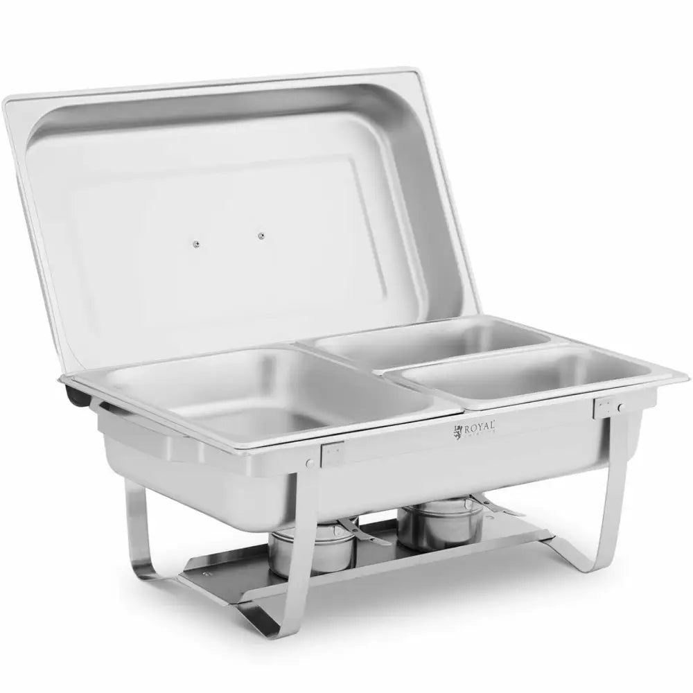 Buffetmatvarmer i rustfritt stål, frontvinkel med åpent lokk, tre innsatsbeholdere og synlige varmekilder under.