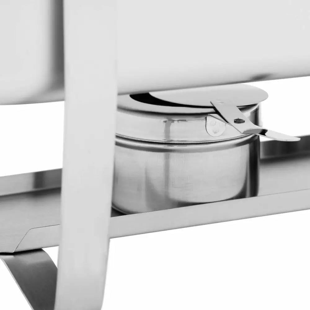 Buffetmatvarmer i rustfritt stål, nærbilde av rund beholder med lokk og justerbar åpning i metallstativ.