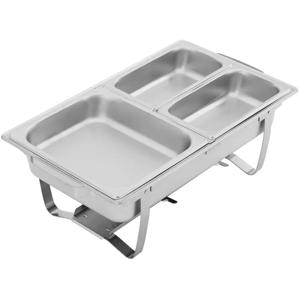Buffetmatvarmer med tre inndelte rom i rustfritt stål, sett skrått ovenfra på sammenleggbare bein.