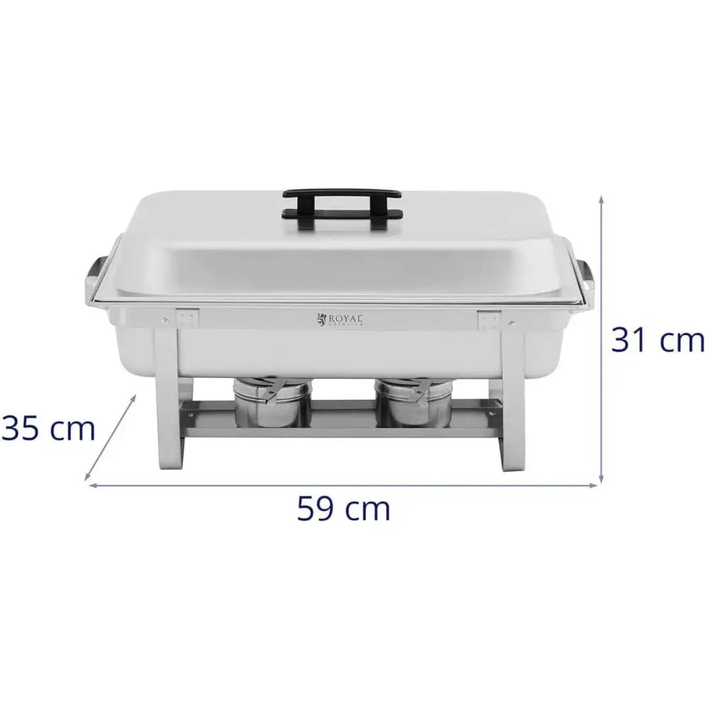 Buffetmatvarmer i rustfritt stål, frontbilde med lokk, sorte håndtak og mål 59 x 35 x 31 cm.