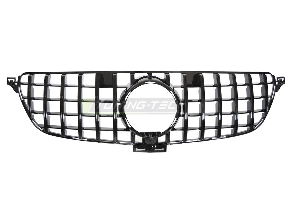 Detaljbilde av Grill Mercedes GLE W166 15-19 blank sort med GT-mønster og emblemfeste.