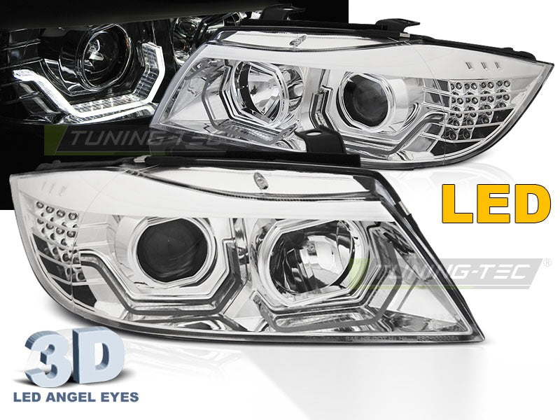 Detaljbilde av frontlykter BMW E90/E91 05-08 med LED-detaljer.