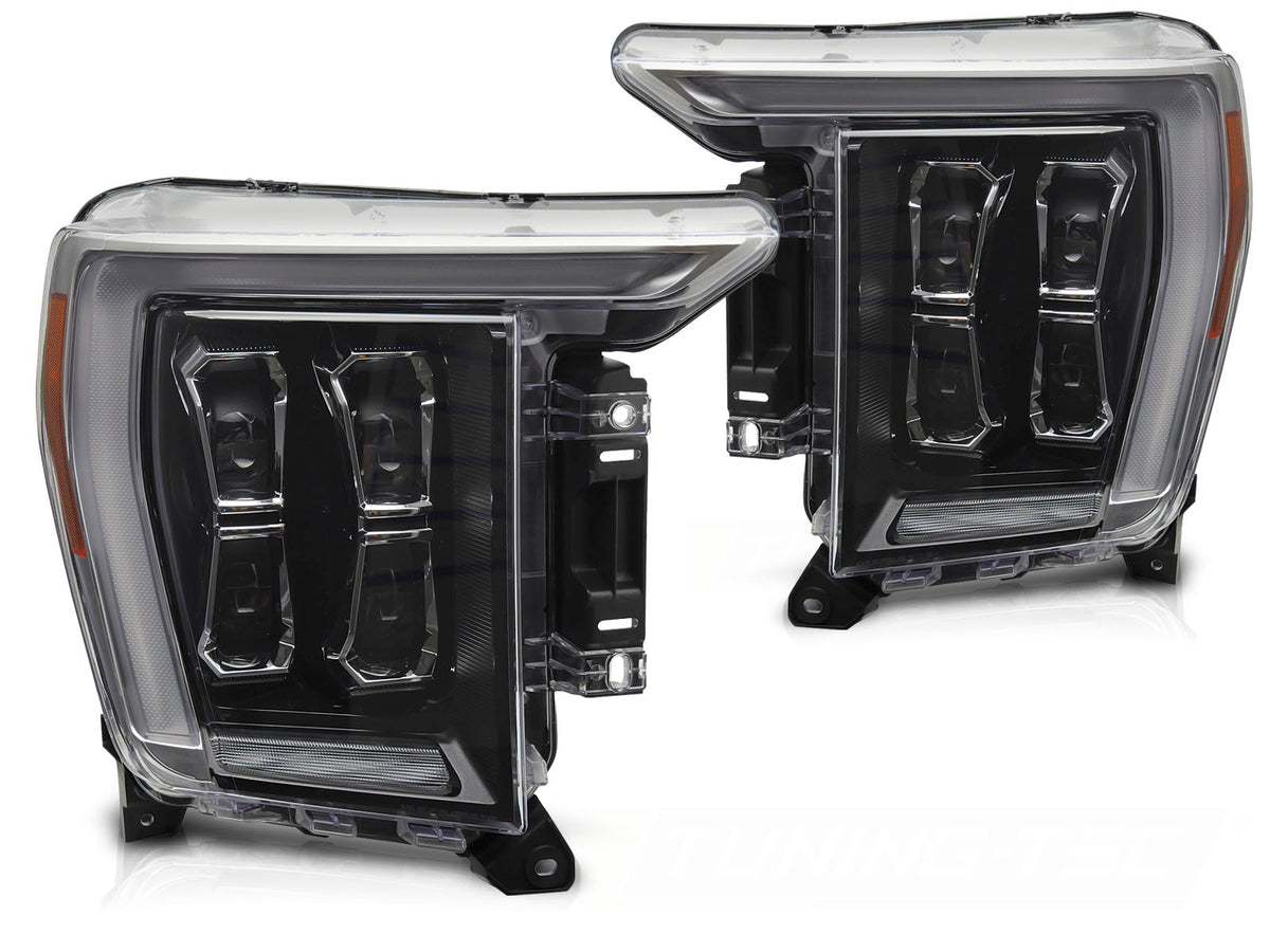 Frontlykter LED Black til Ford F150 MK14 20-23 sett rett forfra på hvit bakgrunn.