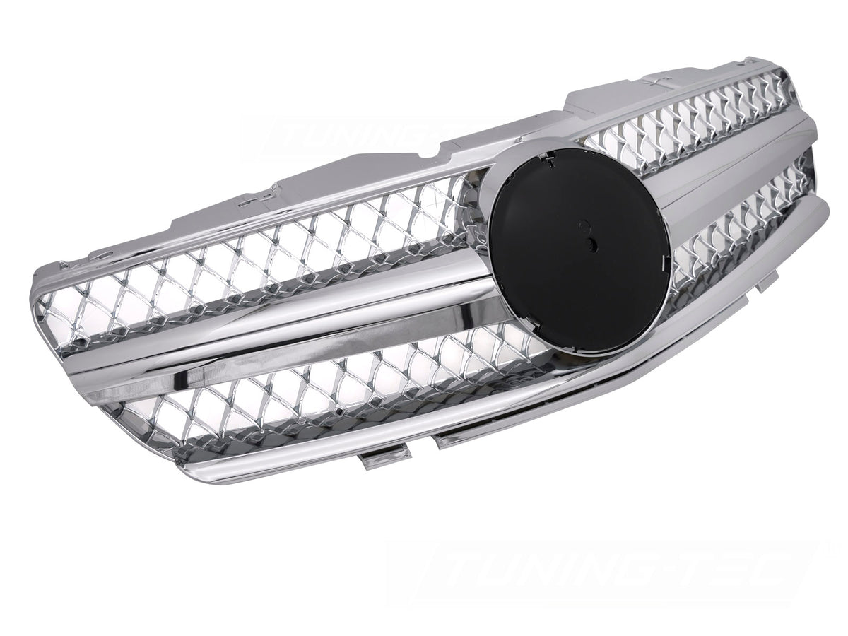 Grill til Mercedes SL R230 01-06 i krom sett rett forfra på hvit bakgrunn.