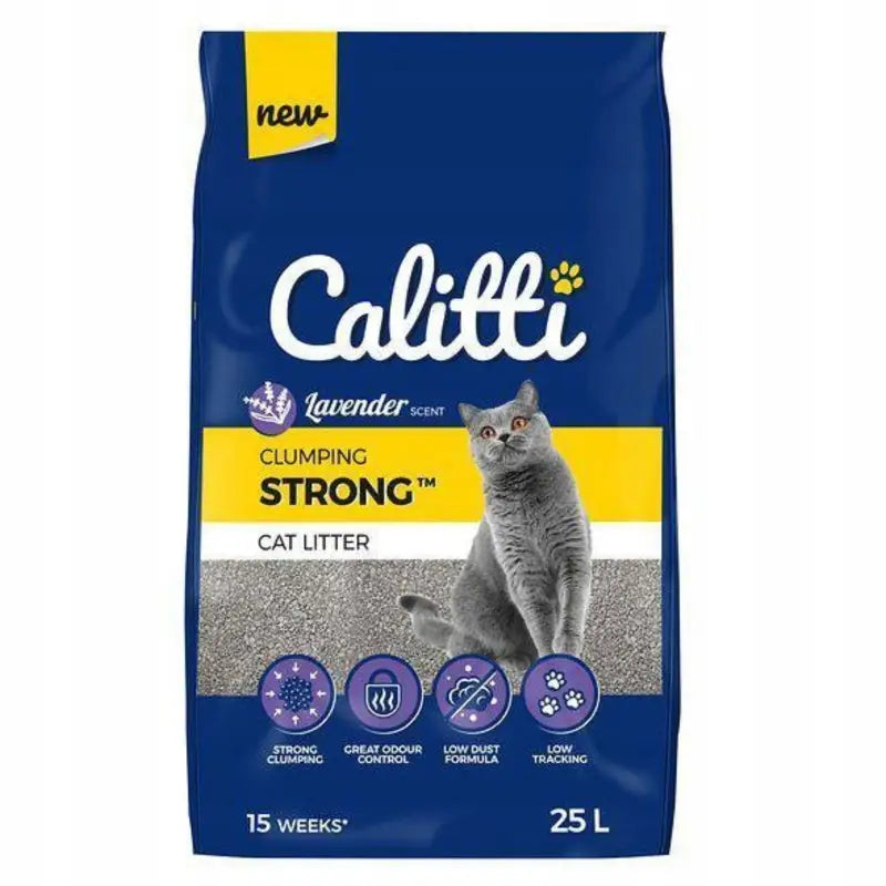 Calitti Bentonittleire Klumpende Lavendel 25L, blå pose med grå katt og gule detaljer, fremhever kattegrusets egenskaper.