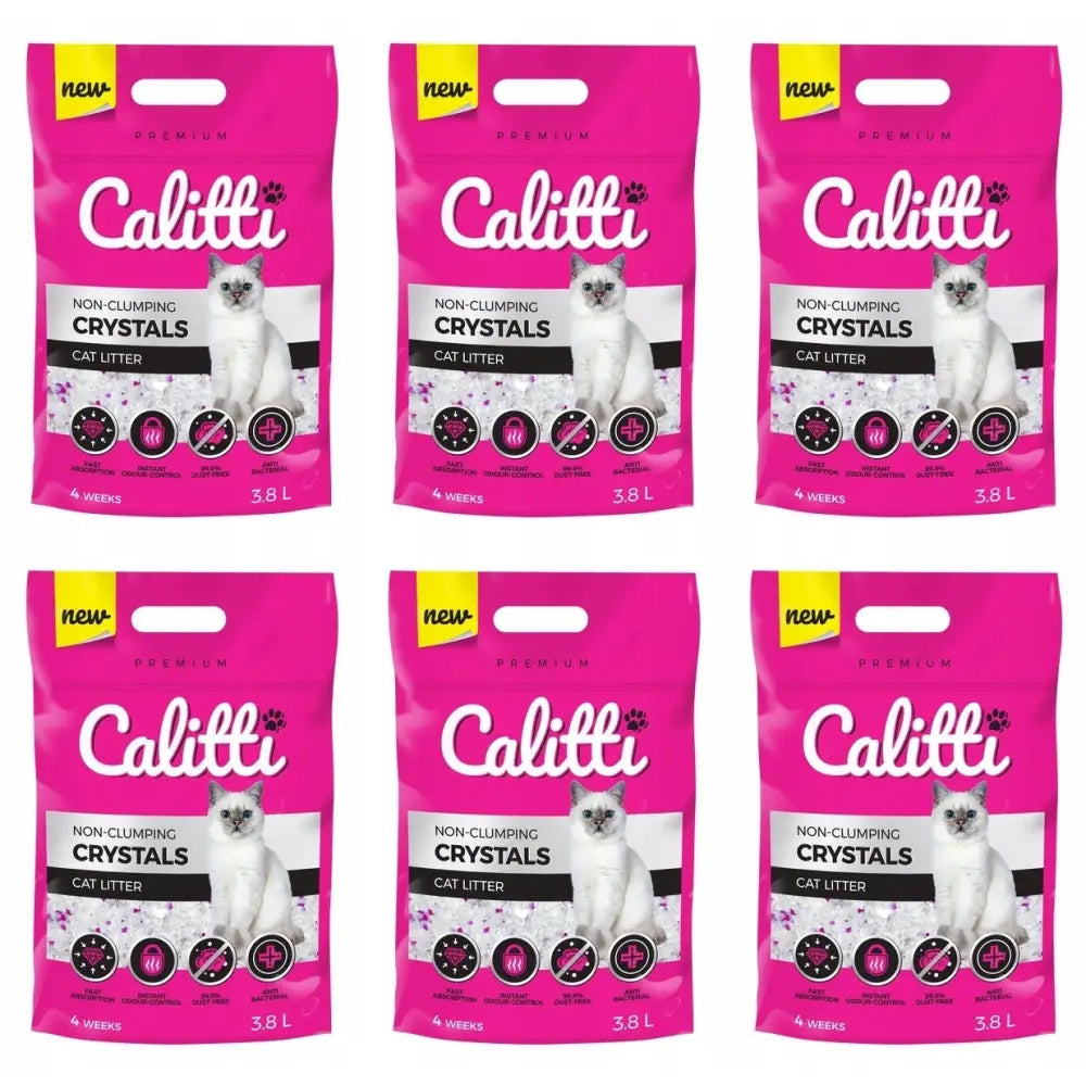 Calitti Crystals Silikonbasert Kattesand, seks rosa poser med katt på forsiden og tydelige produktdetaljer, frontvisning.