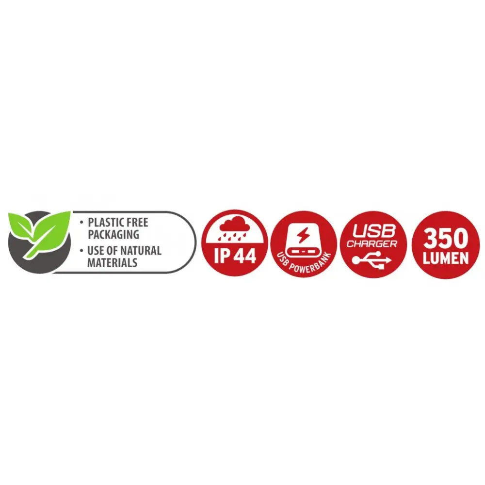 Campinglampe CAL 1 retro, grafikk med miljøvennlig emballasje, USB-lading og IP44-symboler på hvit bakgrunn.