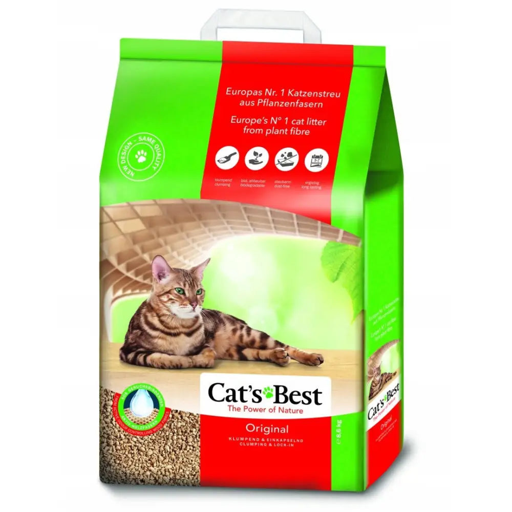 Cat's Best Original 20L kattestrø, grønn og rød pose med brunstripet katt og bærehåndtak sett forfra.