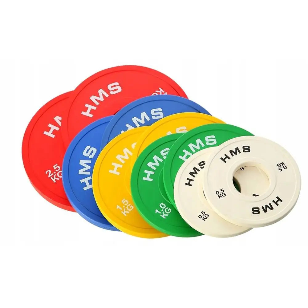 Olympiske vektplater fra HMS i ulike farger, stablet overlappende med synlig logo og vektangivelse.