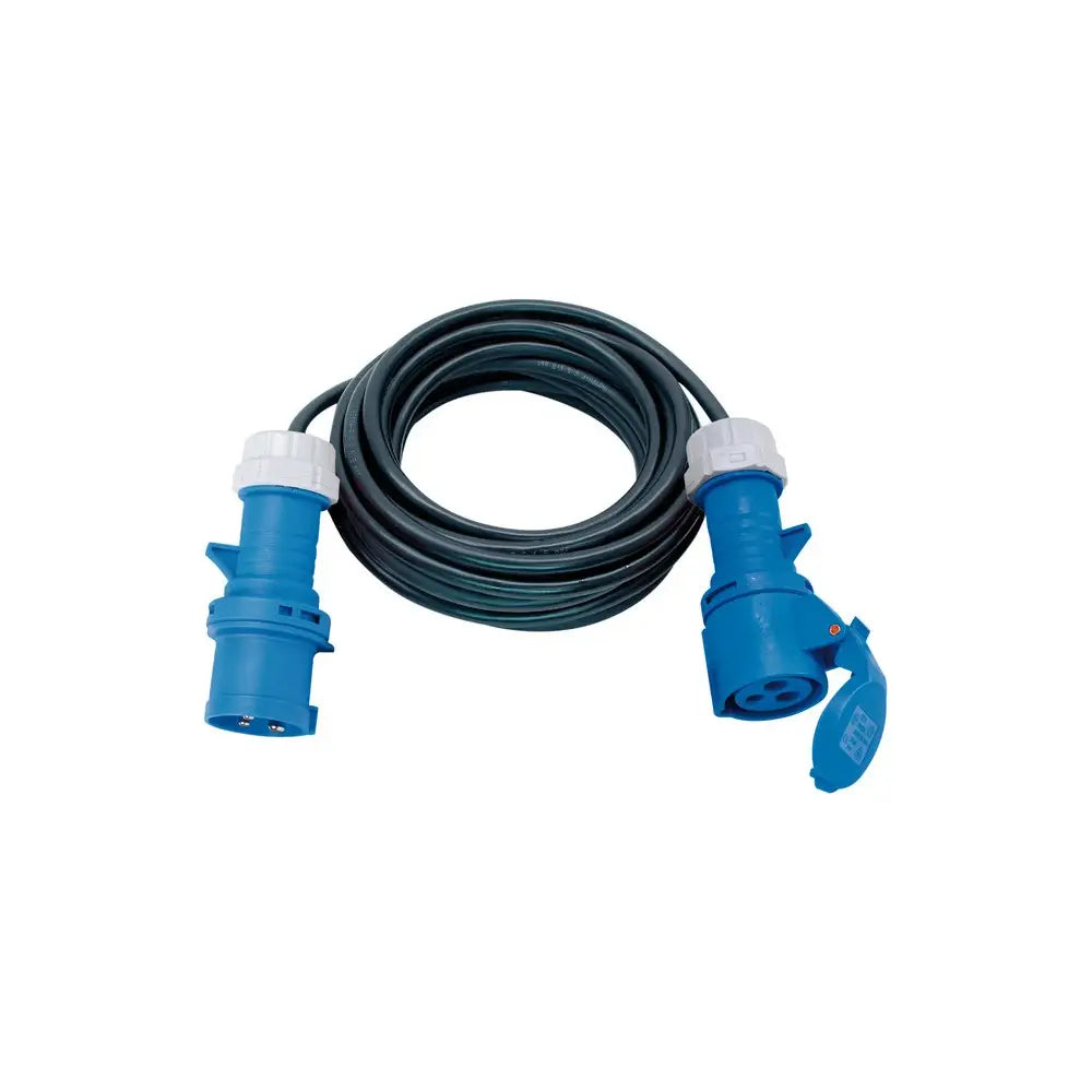 CEE skjøteledning 230V 16A, svart kabel med blå kontakter og hvite ringer, sett ovenfra med lokk på hun-kontakten.