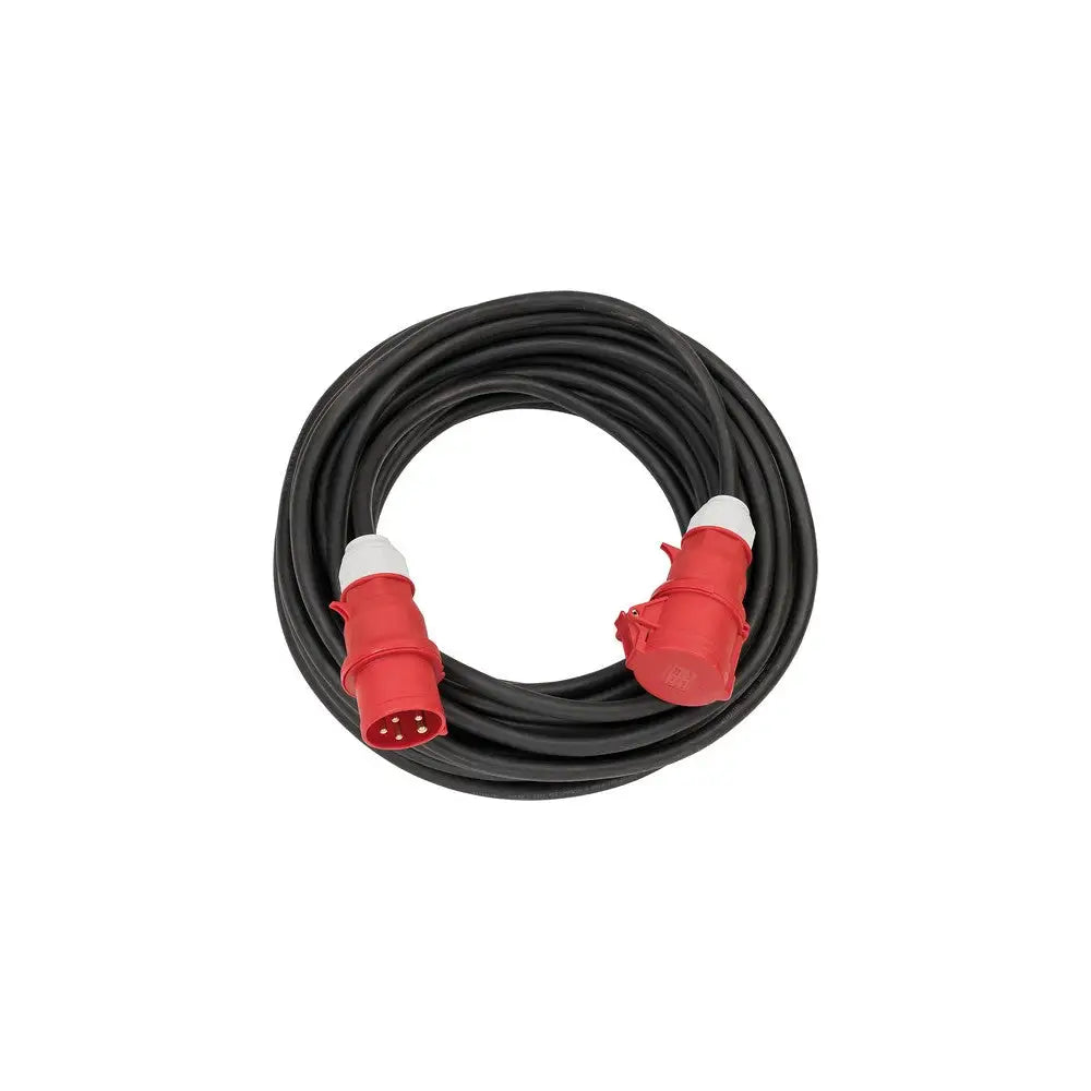 CEE skjøteledning 10 meter, sort kabel med røde industrikontakter og hvite detaljer, sett ovenfra.