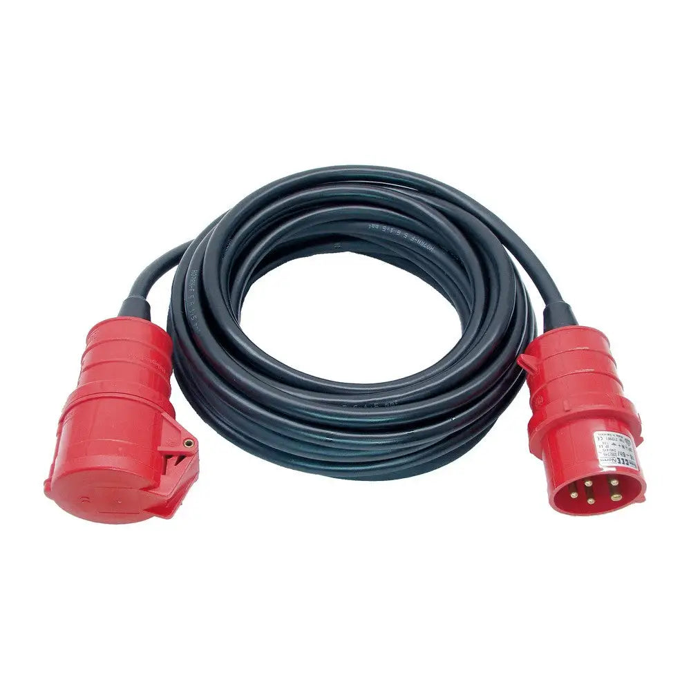 CEE skjøteledning 25 meter, svart kabel rullet sammen med røde industrikontakter og synlige jordingspinner.