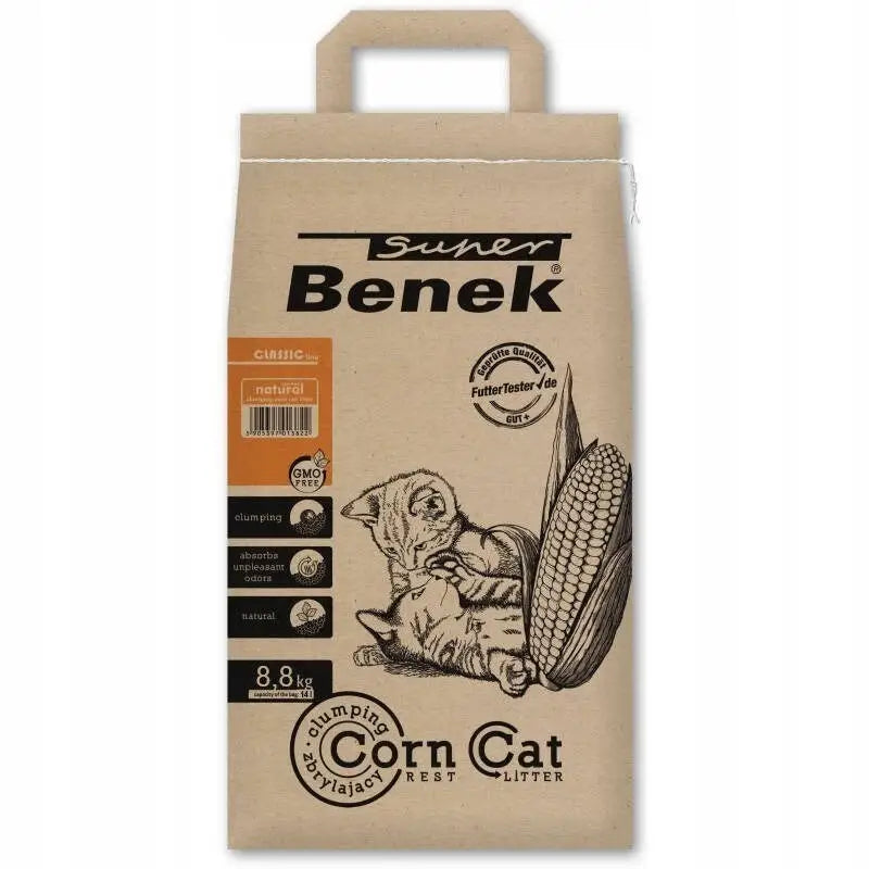 Certech Super Benek Corn Cat klumpende maiskattesand 14L i papirpose med kattunge- og maisillustrasjon samt egenskapssymboler.