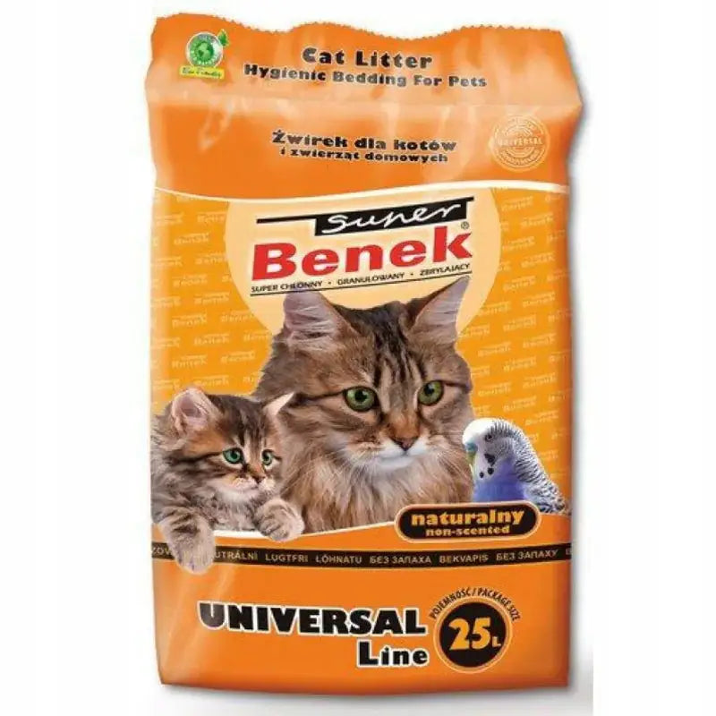 Certech Super Benek Universal Naturlig 25L, oransje pose med bilde av katt, kattunge og undulat samt teksten "UNIVERSAL Line".