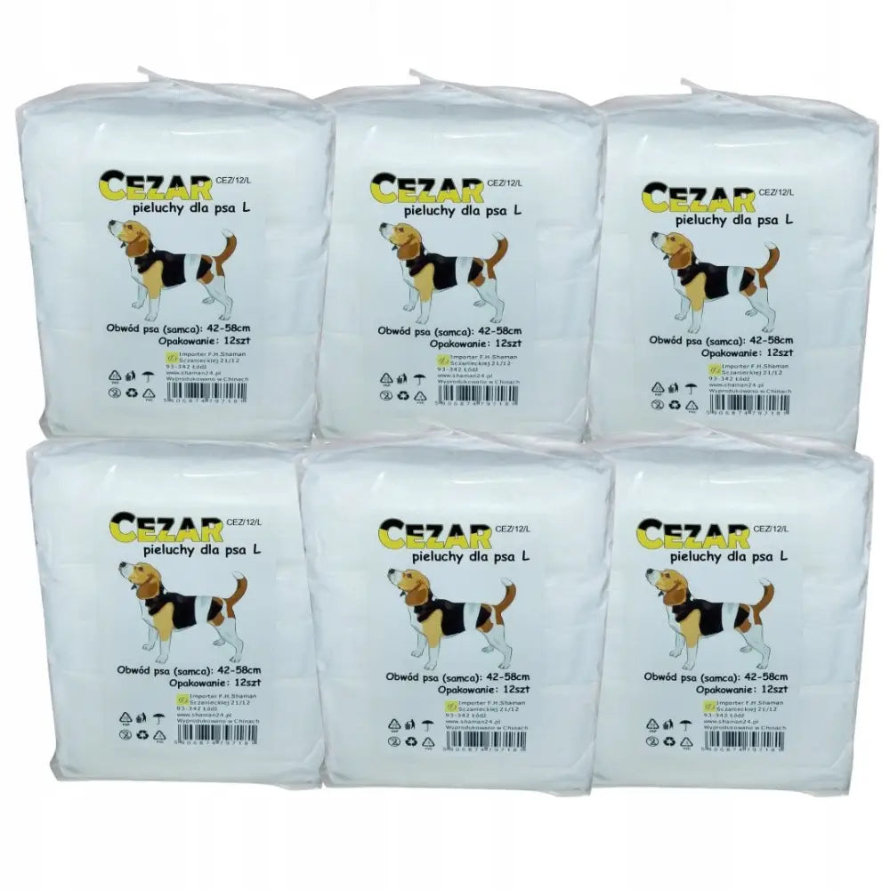 Cesar bleier for hannhund størrelse L, seks pakker med tydelig emballasje og hundeillustrasjon, frontvisning.