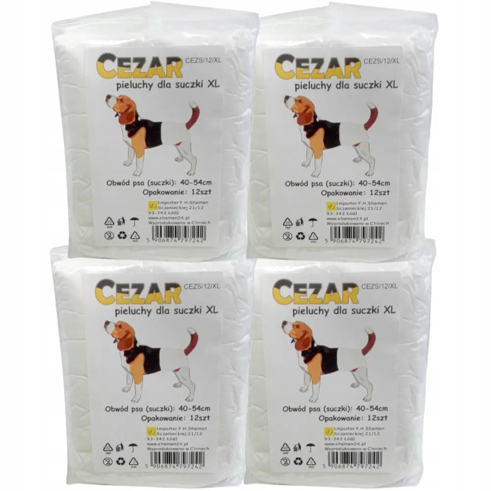 Cesar Bleier Pysj for tisper XL, fire pakker med hvite bleier og etiketter som viser svart bleie og størrelsesinformasjon.