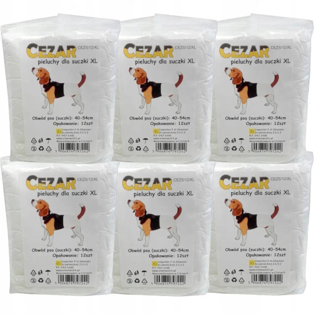 Cesar Bleier Tøybleier for tisper XL, seks pakker med tydelig produktinformasjon og hund i svart bleie på forsiden.