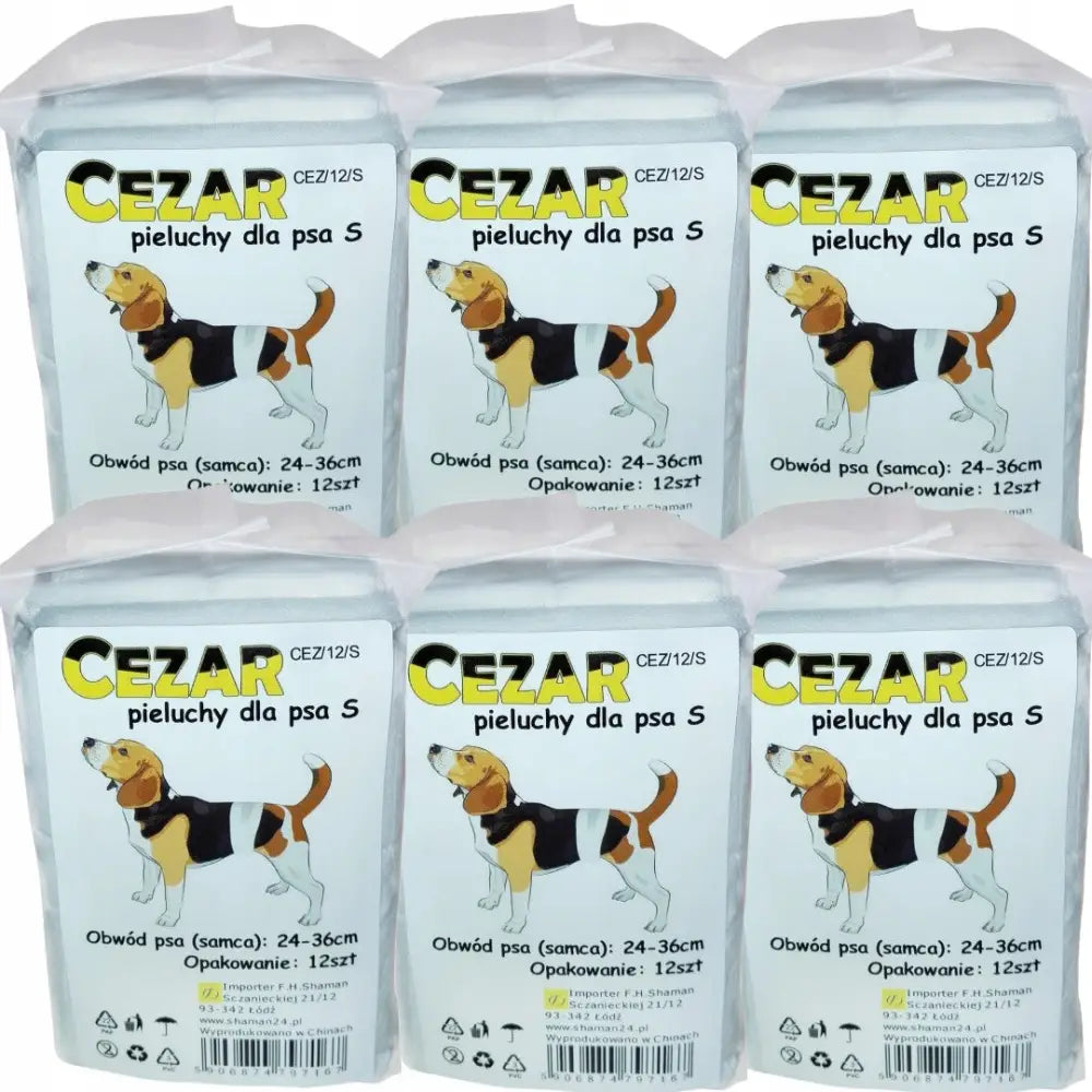 Cezar bleier for hannhund str. S, seks pakker med tydelig produktinfo og illustrasjon av hund med bleie på forsiden.