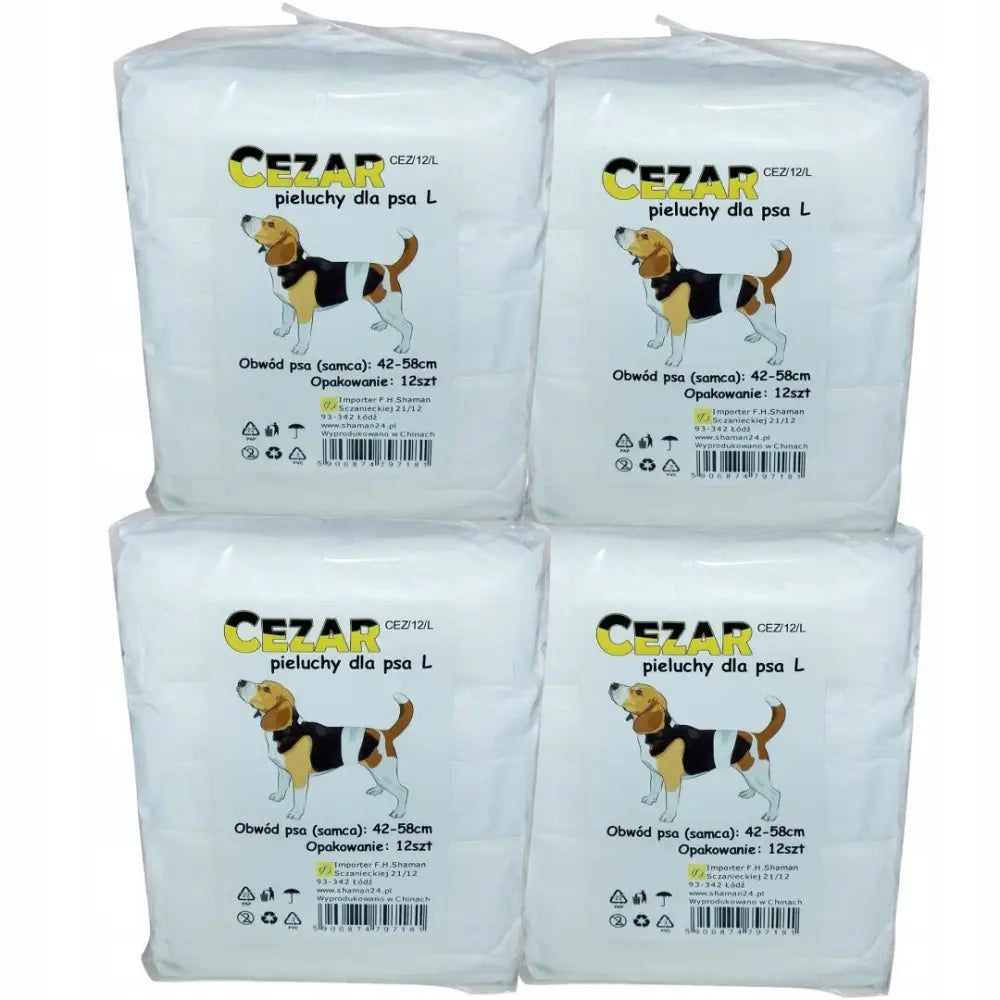 Cezar hundebleier L, fire pakker med beagle-illustrasjon og svart-gul tekst, frontvisning mot lys bakgrunn.