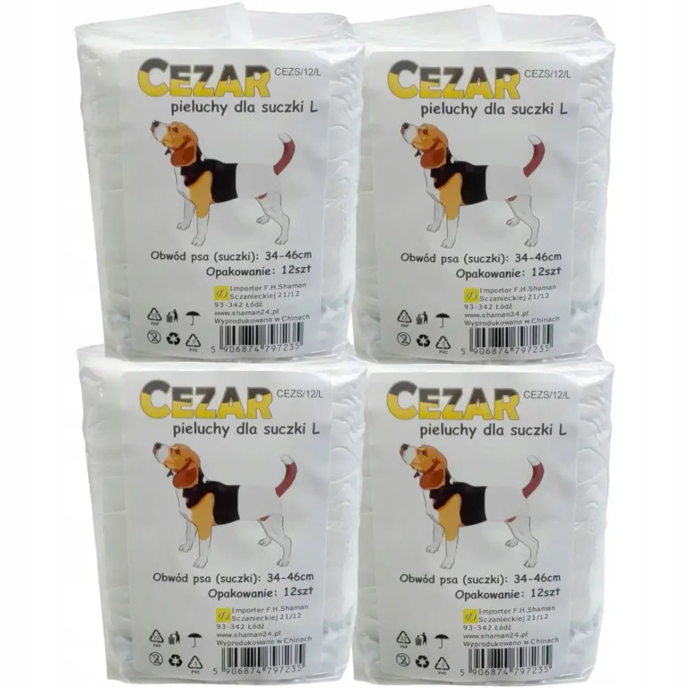 Cezar bleier for tisper størrelse L, fire pakker med beagle som modell på hvit emballasje med størrelsesinfo.