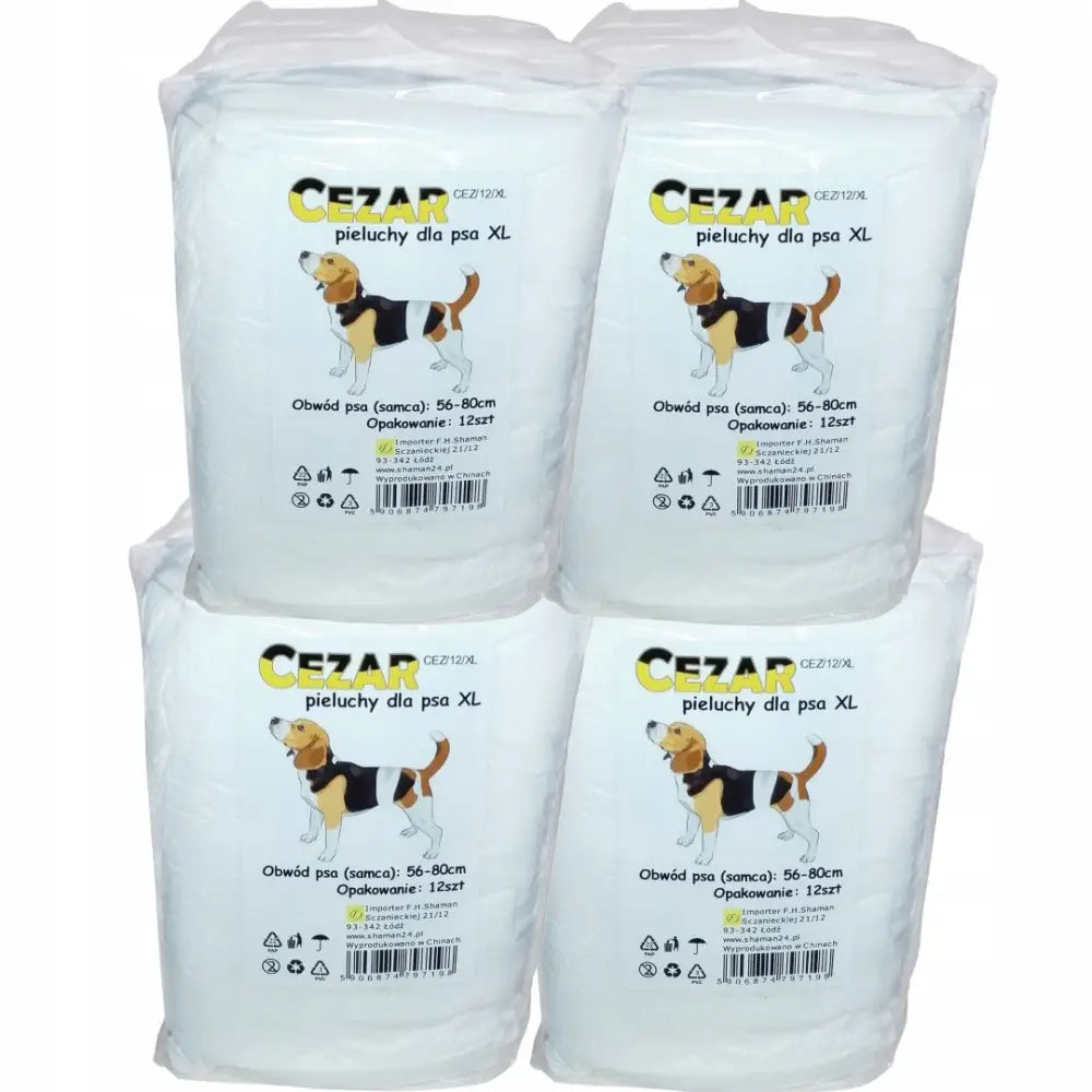 Cezar Pampers hundebleier XL, fire pakker med tydelig etikett og bilde av hannhund, sett forfra.