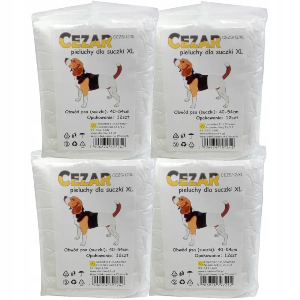 Cezar Bleier Pampers for Tisper XL, fire pakker med hvite hundebleier og illustrasjon av hund med sort bleie på forsiden.