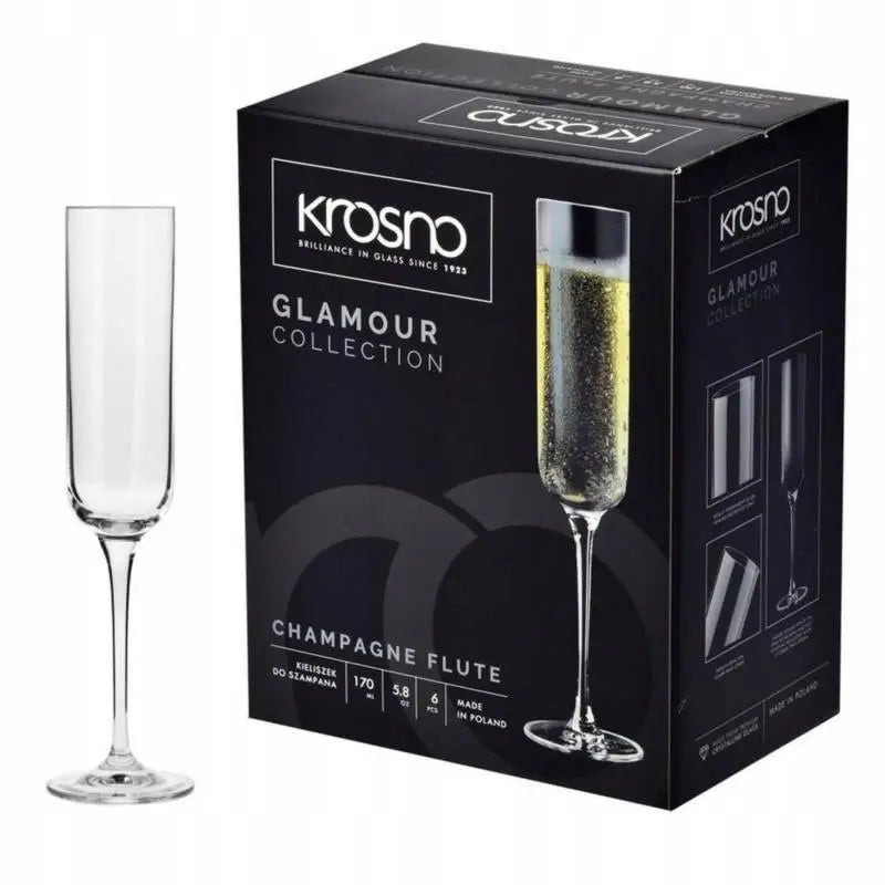 Champagneglass Krosno Glamour 170ml, elegant klart glass ved sort eske med produktdetaljer og fylt glass.