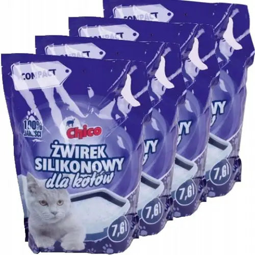 Chico Silikonkattesand Compact Naturlig, fire 7,6L-poser med bilde av katt og tydelig kapasitet.