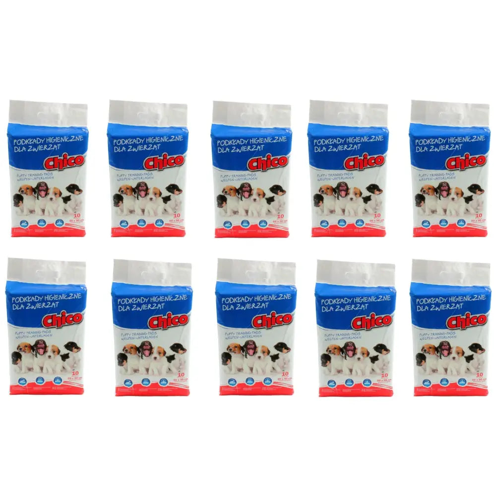 Chico underlag treningsmatter 60x90, ti pakker med valpemotiv i plast, sett forfra med blå og røde detaljer.