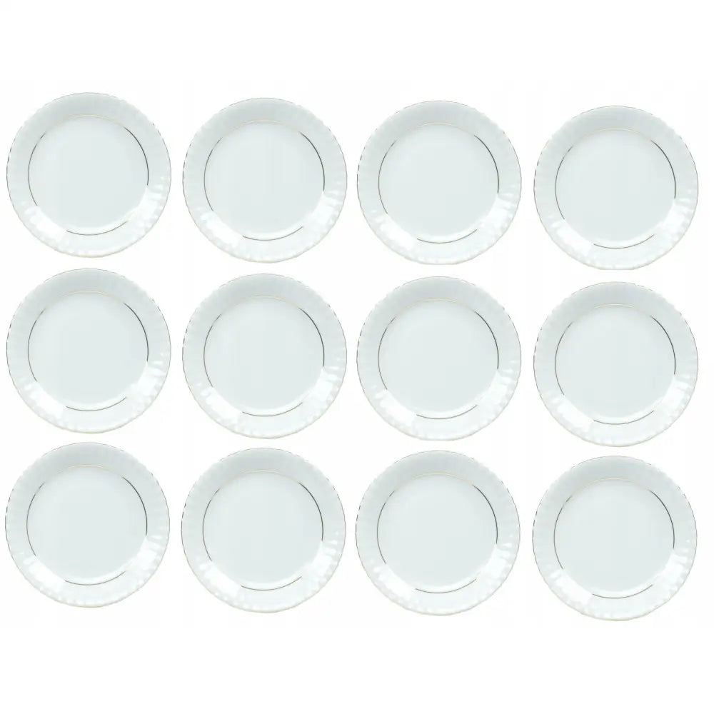 Chodzież Iwona desserttallerkener i hvitt porselen, sett med tolv stykker og elegant sølvfarget kant.