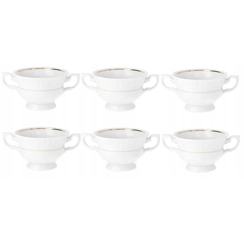 Chodzież Iwona suppeskåler i hvitt porselen med doble hanker og elegant gullkant, seks stykker sett forfra.