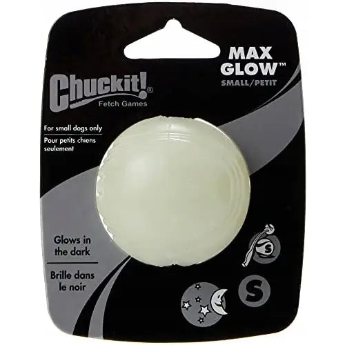 Chuckit! Max Glow Ball liten i original emballasje, hvit selvlysende ball for små hunder med tydelig produktinformasjon.